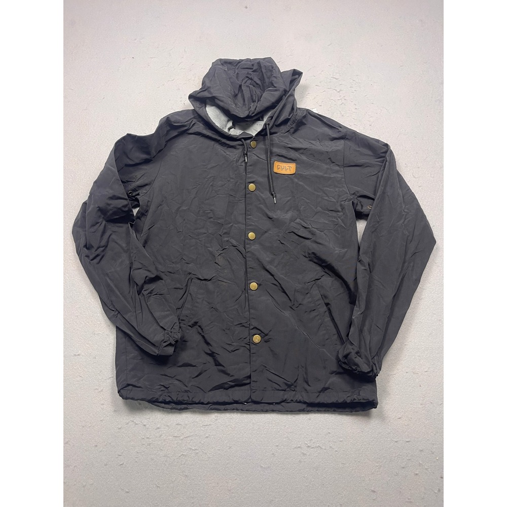 Cult Crew Hooded Windbreaker Jacket Mens Medium Black Snap Front Good